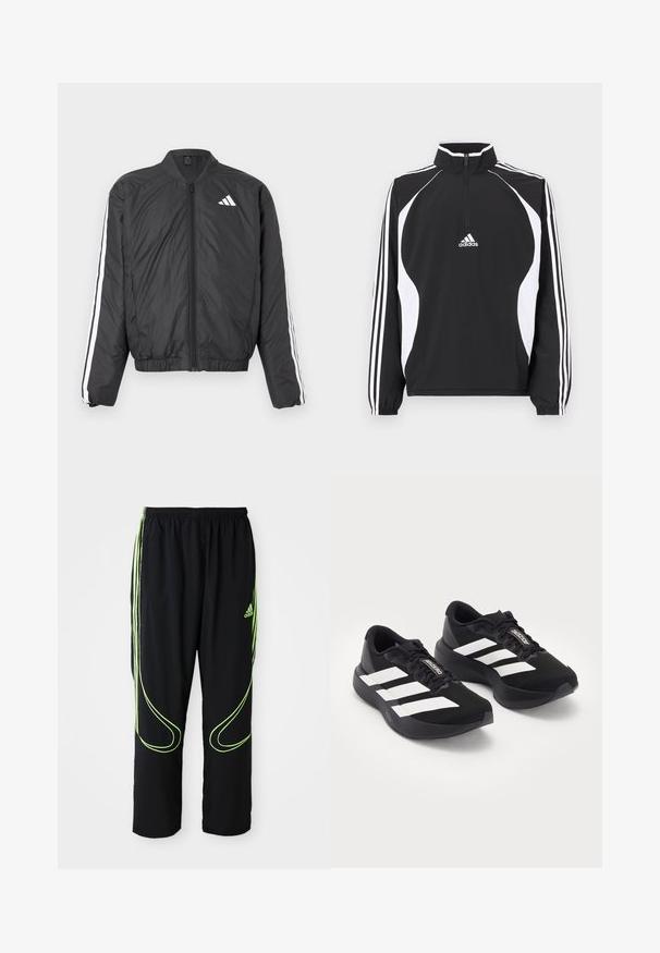 Veste bomber noire avec manches longues, taille élastique, fermeture éclair intégrale et bandes blanches le long des manches. Fabriquée en matière légère.; Veste noire zippée avec accents blancs, dotée d'un col montant, de manches longues et de trois bandes blanches sur chaque manche. Les matériaux sont lisses.; Pantalons de sport noirs Adidas avec des lignes courbes vert fluo et trois bandes sur les côtés, ceinture élastique et logo Adidas sur la cuisse avant.; Paire de chaussures de course noires avec des bandes blanches et le logo "Adizero" sur les lacets, présentée sur un fond clair uni.