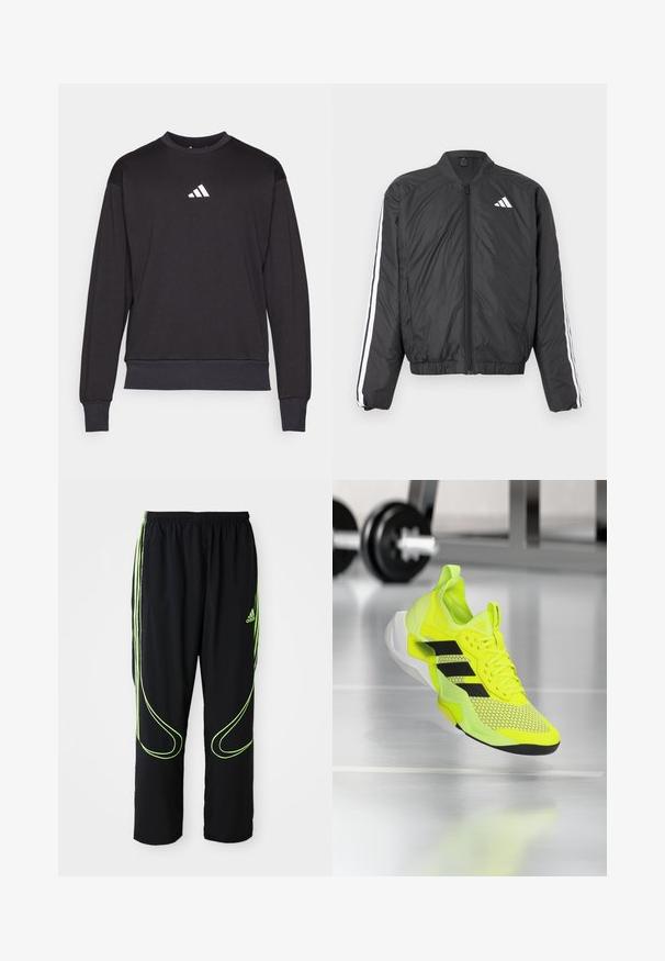 Sort bomberjakke med lange ærmer, elastisk talje, lynlås i fuld længde og hvide striber langs ærmerne. Fremstillet af let materiale.; Sort sweatshirt med lange ærmer, ribbede manchetter og kant; har et hvidt Adidas-logo på brystet, fremstillet af blødt, tekstureret stof.; Sorte Adidas sportbukser med neongrønne buede linjer og tre striber på siderne, elastisk livrem og Adidas-logo på forsiden af låret.; Neongul sportsko med sorte accenter, mesh-overside og en tekstureret sål. Letvægtsdesign med en polstret mellemsål for støtte.