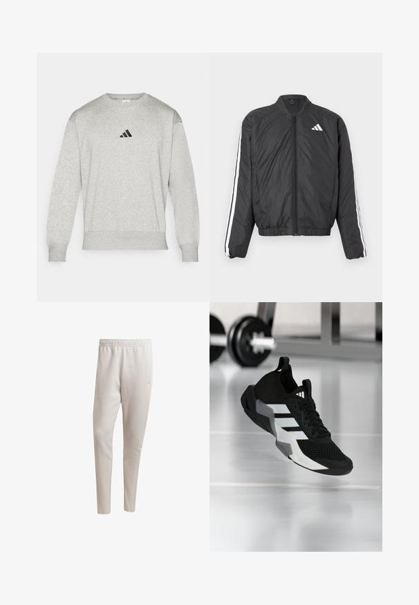 Sort bomberjakke med lange ærmer, elastisk talje, lynlås i fuld længde og hvide striber langs ærmerne. Fremstillet af let materiale.; Grå sweatshirt lavet af bomuldsblandingsstof, med ribbede manchetter og kant, samt et lille sort Adidas-logo på brystet. Klassisk rundhalset design.; Lyse beige joggerbukser lavet af blødt stof, med elastisk talje, sidelommer og en tapered ben-design.; Sort atletiksko med en mesh-øverdel, hvide striber og grå accenter. Har polstret krave og gummisål. Velegnet til brug i fitnesscenter.