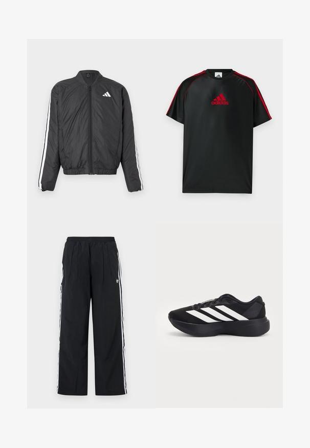 Veste bomber noire avec manches longues, taille élastique, fermeture éclair intégrale et bandes blanches le long des manches. Fabriquée en matière légère.; T-shirt de sport noir avec des accents rouges et un logo. Confectionné en tissu lisse et léger. Doté d'un col rond et de manches courtes.; Pantalon large noir avec rayures blanches sur les côtés, taille élastique, plis à l'avant et logo Adidas sur la cuisse droite.; Chaussure de running noire avec une semelle épaisse et trois bandes diagonales blanches sur le côté, vue de l'extérieur.