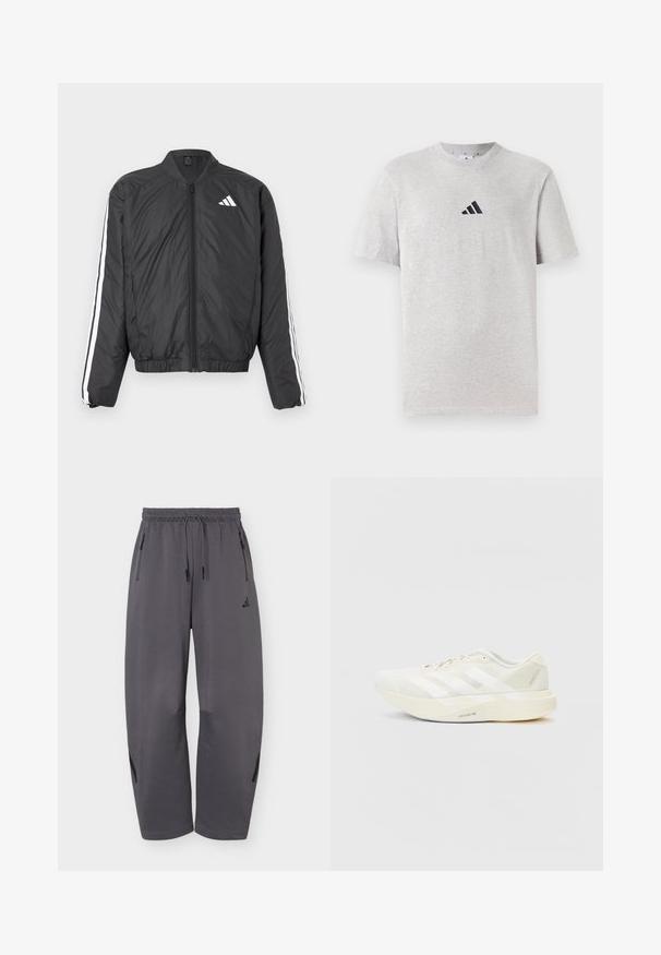 Sort bomberjakke med lange ærmer, elastisk talje, lynlås i fuld længde og hvide striber langs ærmerne. Fremstillet af let materiale.; Grå bomuld t-shirt med korte ærmer, rund hals, og en lille sort tre-stribe logo på øverste venstre bryst.; Mørkegrå atletiske bukser med vid ben, elastisk talje, snore, lynlåslommer i siden og diskret mærkelogo på venstre lår.; Hvid atletiksko med mesh-overdel, prydet med tre hvide striber, rund tå og en lys sål mærket "LIGHTSTRIKE PRO."