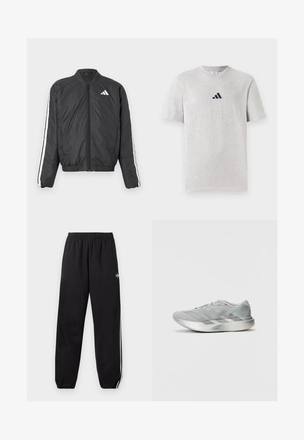 Chaqueta bomber negra con mangas largas, cintura elástica, cierre de cremallera de longitud completa y franjas blancas a lo largo de las mangas. Fabricada con material ligero.; Camiseta de algodón gris de manga corta, con cuello redondo, que presenta un pequeño logo negro de tres rayas en la parte superior izquierda del pecho.; Pantalones de chándal negros Adidas con rayas blancas en los costados, cintura elástica y puños en los tobillos, con un pequeño logo en la parte superior del muslo.; Zapatilla deportiva ligera en color gris con un diseño elegante, que presenta una parte superior texturizada, tres rayas diagonales y una suela reflectante en color plateado.