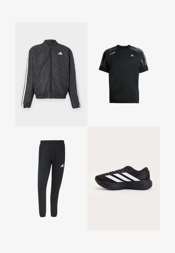 Veste bomber noire avec manches longues, taille élastique, fermeture éclair intégrale et bandes blanches le long des manches. Fabriquée en matière légère.; T-shirt de sport noir en tissu léger, avec des panneaux en maille sur les épaules, des manches courtes et des logos blancs adidas et F50.; Pantalon de jogging athlétique noir avec taille et poignets élastiques, avec un petit logo blanc Adidas sur la cuisse droite.; Chaussure de running noire avec une semelle épaisse et trois bandes diagonales blanches sur le côté, vue de l'extérieur.