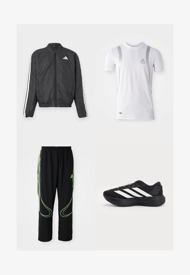 Veste bomber noire avec manches longues, taille élastique, fermeture éclair intégrale et bandes blanches le long des manches. Fabriquée en matière légère.; T-shirt de sport blanc à manches courtes avec des accents argentés, présentant un col rond et un logo Adidas sur la poitrine. Fabriqué en tissu évacuant l'humidité.; Pantalons de sport noirs Adidas avec des lignes courbes vert fluo et trois bandes sur les côtés, ceinture élastique et logo Adidas sur la cuisse avant.; Chaussure de running noire avec une semelle épaisse et trois bandes diagonales blanches sur le côté, vue de l'extérieur.