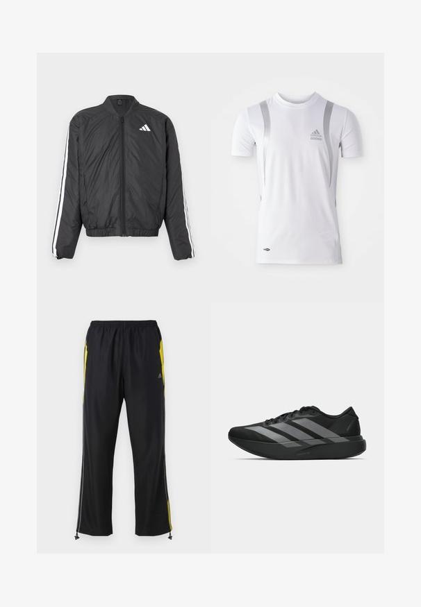 Zwart bomberjack met lange mouwen, elastische tailleband, ritssluiting over de hele lengte, en witte strepen langs de mouwen. Gemaakt van lichtgewicht materiaal.; Wit sportshirt met korte mouwen en zilveren accenten, met een ronde hals en een Adidas-logo op de borst. Gemaakt van vochtafvoerend materiaal.; Zwarte sportbroek met gele zijkanten, elastische tailleband en met rits te sluiten zijzakken. Gemaakt van lichtgewicht, gladde stof.; Zwarte sportieve schoenen met een lichtgewicht ontwerp, voorzien van drie opvallende grijze strepen, een gladde textuur en een gevormde zool.