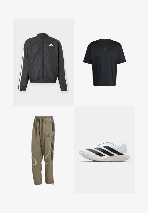 Chaqueta bomber negra con mangas largas, cintura elástica, cierre de cremallera de longitud completa y franjas blancas a lo largo de las mangas. Fabricada con material ligero.; Camiseta negra de manga corta con cuello redondo y un logo sutil de Adidas en gris oscuro centrado en el pecho.; Pantalones deportivos ligeros en color topo con cintura elástica, tres rayas oscuras a lo largo de los lados y acentos curvados cerca de los bolsillos.; Zapatilla de correr blanca con tres grandes rayas negras en el lateral y una suela curva y gruesa etiquetada como Lightstrike Pro.