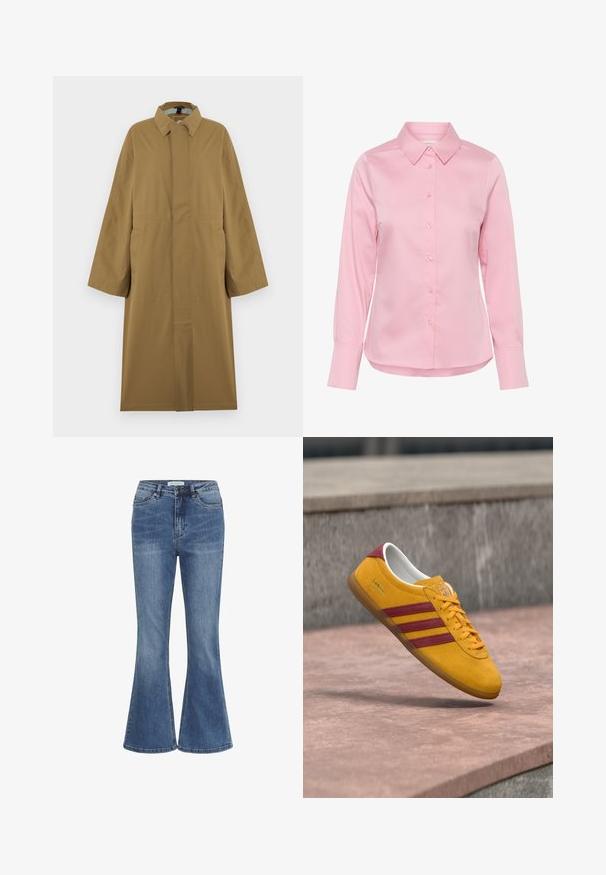 Lange beige regenjas met een kraag, lange mouwen, verborgen voorste knopen en twee zijzakken, tentoongesteld aan een hanger.; Lichtroze blouse met lange mouwen en knopen, met puntige kraag en manchetten, gemaakt van een gladde stof met een licht gebogen zoom.; Blauwe denim jeans met een hoge taille, sluiting met een knoop en rits aan de voorkant, en licht uitlopende broekspijpen.; Gele suède sneaker met rode strepen, platte zool en gevoerde kraag; beschikt over een vetersluiting en een merklabel.