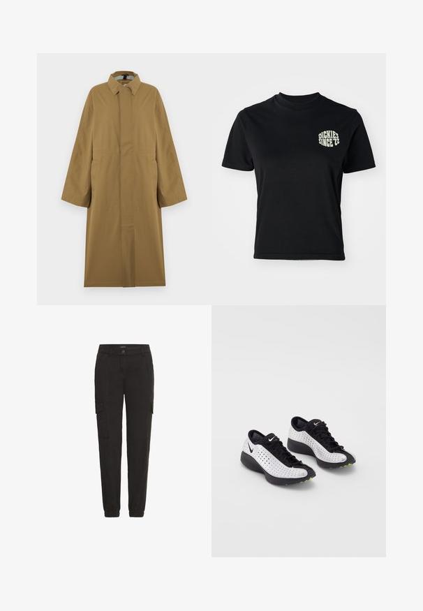 Lang beige regnjakke med krave, lange ærmer, skjulte knapper foran og to sidelommer, vist på en bøjle.; Sort bomulds t-shirt med rund hals og korte ærmer; har et lys grønt grafik "DICKIES SINCE '22" på venstre brystområde.; Sorte cargo-bukser lavet af letvægtsstof, med elastisk talje, sidelommer og en afslappet pasform.; Nike sneakers med en perforeret hvid overdelt, sorte accenter, en rund tå og en tyk sort sål med grønne accenter.