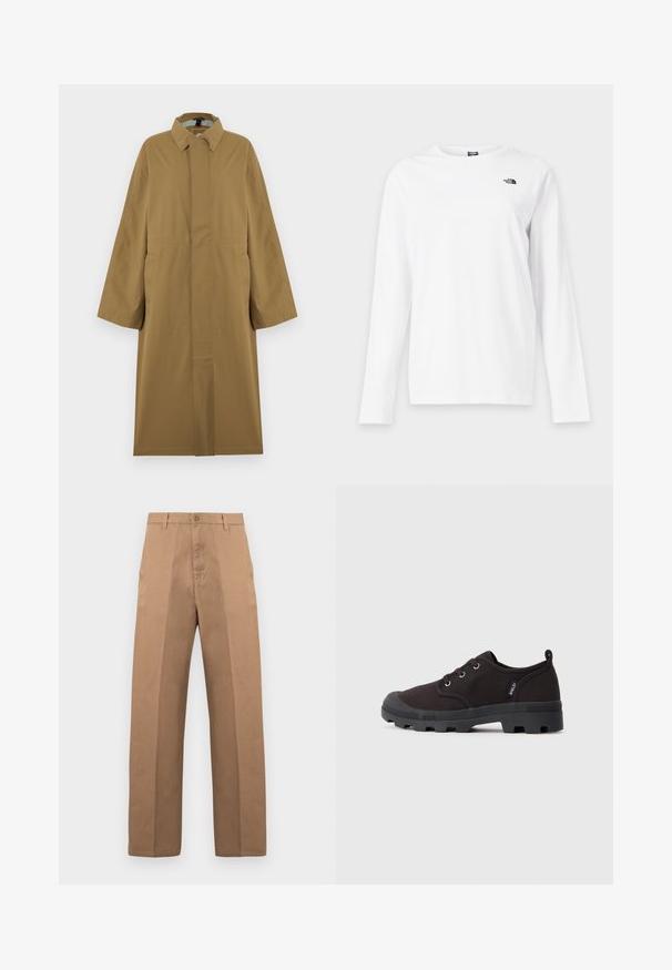 Trench-coat long beige avec col, manches longues, boutons cachés sur le devant et deux poches latérales, présenté sur un cintre.; T-shirt blanc à manches longues avec col rond et petit logo noir The North Face sur le côté gauche de la poitrine.; Pantalon en coton marron avec une coupe à jambe droite, doté d'une fermeture par bouton, de passants pour ceinture, et de coutures minimales pour un look épuré.; Baskets noires en toile avec un bout rond, semelle en caoutchouc et système de laçage ; elles présentent une finition texturée et un petit logo sur le côté.