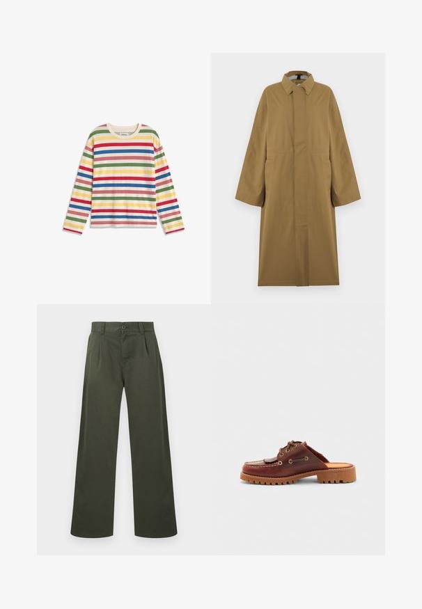 Trench-coat long beige avec col, manches longues, boutons cachés sur le devant et deux poches latérales, présenté sur un cintre.; Chemise à manches longues à rayures horizontales rouges, vertes, bleues, jaunes et roses sur fond blanc, col rond.; Pantalon vert olive à jambes droites avec passants pour ceinture, fermeture à boutons à l'avant et poches latérales sur fond blanc.; Chaussure en cuir marron à enfiler au style mocassin, avec des lacets décoratifs, des œillets dorés et une semelle en caoutchouc texturé.