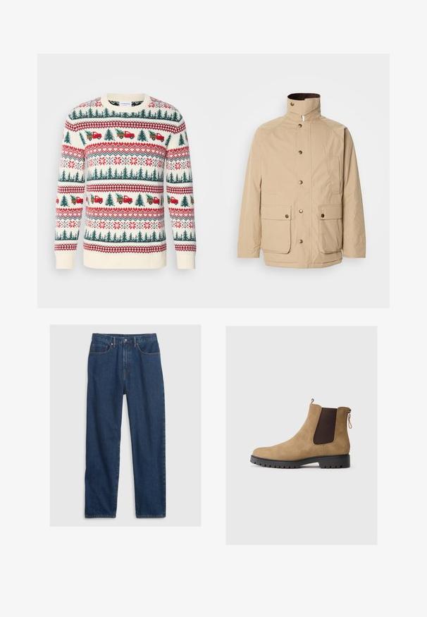 Beige Jacke mit hohem Kragen, Reißverschluss und Druckknöpfen. Verfügt über zwei Vordertaschen und einen strukturierten Stoff. Geeignet für die Freizeit.; Strickpullover mit einer cremefarbenen Basis, roten und grünen Mustern von Bäumen, Lastwagen und Schneeflocken, mit gerippten Bündchen und Saum.; Dunkelblaue Jeans aus Denim im geraden Schnitt, mit Fünf-Taschen-Design, Knopfverschluss und Kupfernieten.; Beige Wildleder-Stiefelette mit runder Zehenpartie, elastischen Seitenpaneelen, einer hinteren Zuglasche und einer strukturierten Gummisohle für guten Halt.