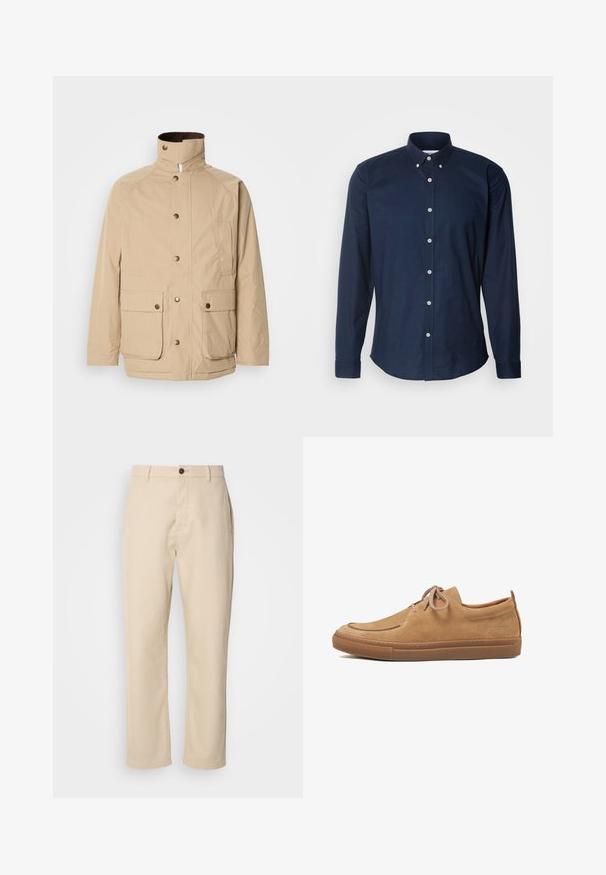 Beige jas met een hoge kraag, ritssluiting en drukknoopjes. Voorzien van twee voorkruiken en een gestructureerde stof. Geschikt voor casual wear.; Navyblauw overhemd met lange mouwen, met een button-down kraag, knopen aan de voorkant en een afgeronde zoom. Gemaakt van een gladde katoenen stof.; Beige katoenen broek met rechte benen, een sluiting met een voorste knoop, zijzakken en een soepele textuur. Minimalistisch ontwerp, zonder zichtbare patronen.; Casual schoenen van suède in tan met een ronde neus, vetersluiting en een rubberen zool. Voorzien van stikdetails en een klein logo aan de zijkant.