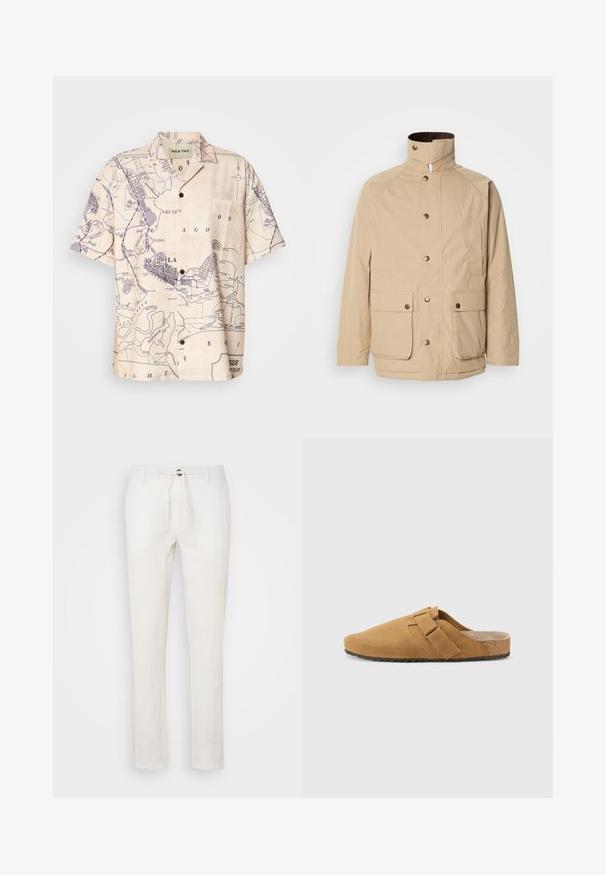 Beige Jacke mit hohem Kragen, Reißverschluss und Druckknöpfen. Verfügt über zwei Vordertaschen und einen strukturierten Stoff. Geeignet für die Freizeit.; Kurzarmhemd aus hellem beige Stoff mit einer Karten-Print in Marineblau, ausgestattet mit einem klassischen Kragen und einer Brusttasche.; Weiße Leinenhose mit einem Kordelzugbund, geradem Bein-Design und subtiler Textur. Keine sichtbaren Taschen oder Muster.; Braune Wildleder-Slipper mit einem breiten Riemen über dem Obermaterial, strukturiertem Fußbett und einer Korkzwischensohle. Die flache Gummisohle sorgt für guten Halt.