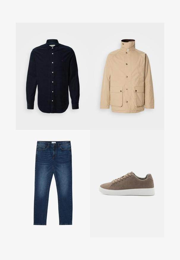 Beige Jacke mit hohem Kragen, Reißverschluss und Druckknöpfen. Verfügt über zwei Vordertaschen und einen strukturierten Stoff. Geeignet für die Freizeit.; Hemd aus mitteldicker Baumwollcord für Männer in Marineblau mit langen Ärmeln, button-down Kragen und vorderer Knopfleiste. Mit einem kleinen gestickten Logo auf der Brust.; Dunkelblaue Slim-Fit-Jeans mit ausgewaschenen Details, klassischem Fünf-Taschen-Design, Knopfverschluss und Gürtelschlaufen.; Braune Wildledersneaker mit flachen weißen Gummisohlen, Schnürdesign, abgerundete Zehen und einer glatten Textur. Minimalistischer Stil mit dezenten Nähdetails.