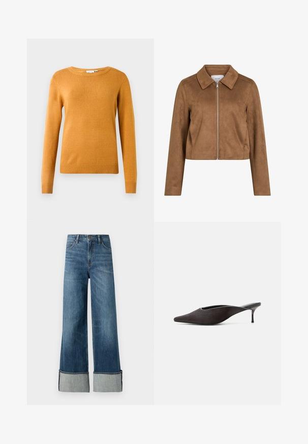 Braune Wildleder-Cropped-Jacke mit langen Ärmeln, vorderem Reißverschluss und großem Kragen, mit dem Etikett VILA.; Senfgelbes Sweatshirt, weicher Strickstoff, Rundhalsausschnitt, lange Ärmel, gerippter Saum und Bündchen, leichtes Design ohne Muster oder Akzente.; Lee STELLA - Wide Leg - richter; Schwarzer Mule-Schuh mit spitzer Spitze, niedrigem Stilettoabsatz und glatt-eleganter Oberfläche, seitlich vor weißem Hintergrund gezeigt.