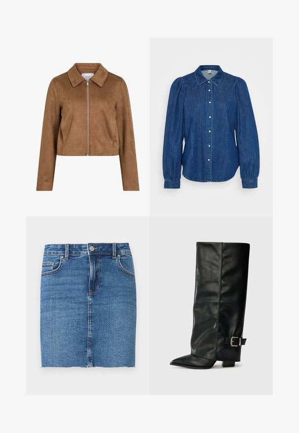 Veste courte en daim marron avec manches longues, fermeture éclair à l'avant et large col, étiquetée VILA.; Chemise en denim, bleu foncé, manches bouffantes longues, col pointu, fermeture à boutons sur le devant avec des boutons blancs, ourlet arrondi, tissu texturé.; Mini-jupe en denim bleu avec fermeture avant à boutons et zip, poches avant et poche monnaie, et ourlet brut.; Bottes noires en cuir longueur cheville avec un bout pointu, texture lisse et une accent en boucle argentée sur le côté. Talon carré épais.