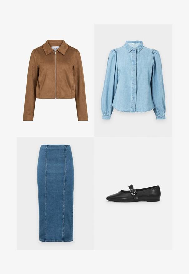 Brun cropped jakke i ruskind med lange ærmer, lynlåslukning foran og bred krave, mærket VILA.; Lyseblå denimskjorte med spids krave, knapper foran og lange pufærmer. Glat tekstur med rundet kant forneden.; Blå denim blyantskørt med lodrette sømme og høj talje, der går til under knæet, vist på en hvid baggrund.; Sorte læder flade sko med rund tå, et enkelt justerbart spænde og en glat, blank overflade. Minimalistisk design med en lav hæl.