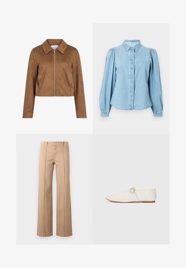 Brun cropped jakke i ruskind med lange ærmer, lynlåslukning foran og bred krave, mærket VILA.; Lyseblå denimskjorte med spids krave, knapper foran og lange pufærmer. Glat tekstur med rundet kant forneden.; Beige bukser med lige ben, forreste midtersømme, bæltestropper og lynlåslukning på en ensfarvet lys baggrund.; Hvide syntetiske flade sko med mesh-struktur, spidse tå og en sidesnor med en rund detalje. Lav hæl og fleksibel sål.