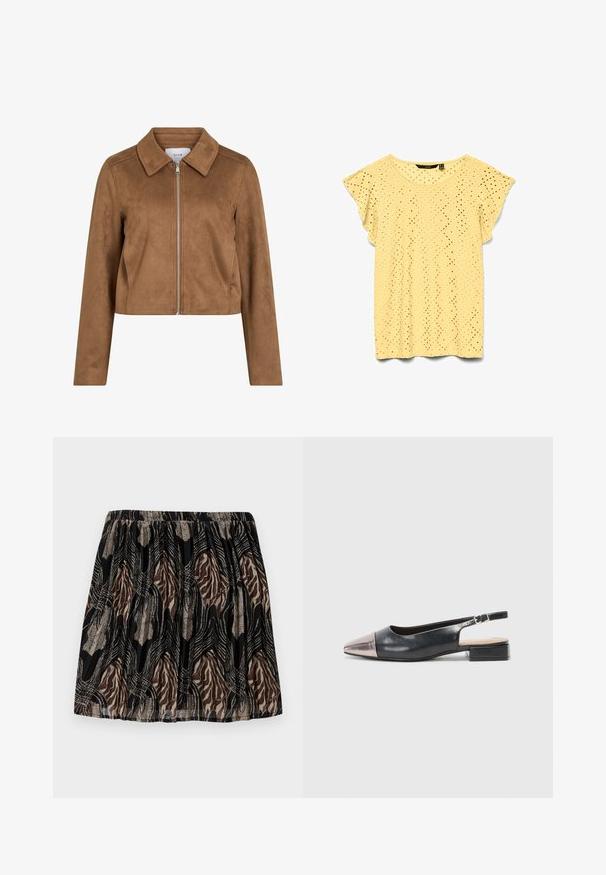 Brun cropped jakke i ruskind med lange ærmer, lynlåslukning foran og bred krave, mærket VILA.; Lysegul bluse med korte ærmer med hulmønster i diamantform og flæseærmer, rund halsudskæring og let stof.; Sort nederdel med en samlet talje, prydet med et brunt og beige abstrakt mønster, akkompagneret af metalliske linjer og teksturer.; Slingback-sko med en overdel i sort læder, en metallisk rosaguld spids tå og en lav blokhæl. Glat tekstur med et buet design.