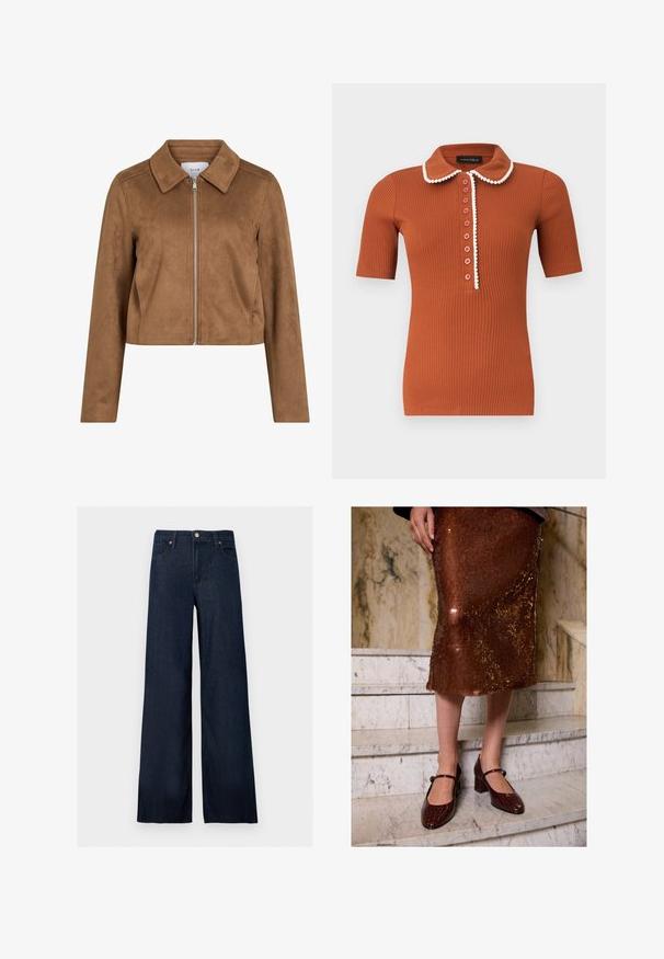Bruine cropped jas van suède met lange mouwen, een ritssluiting aan de voorkant en een brede kraag, gelabeld VILA.; Roestkleurig geribbeld poloshirt met korte mouwen, een afgeronde kraag en zeven knopen, met witte bies langs de kraag en het knopenpad.; Donkerblauwe denim jeans met wijde pijpen, een knoop aan de voorkant, riemlussen en vijf zakken op een effen achtergrond.; Vrouw in een bruine pailletten midi-rok en donkere bruine crococodillen-huid Mary Jane hakken, staand op marmeren trappen.