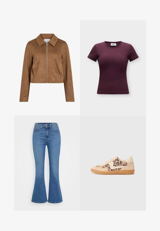 Brun cropped jakke i ruskind med lange ærmer, lynlåslukning foran og bred krave, mærket VILA.; Kortærmet, rundhals, tætsiddende ribstrikket t-shirt i mørkelilla med synligt Jjxx mærke inde i kraven.; Lyseblå klokkeformede jeans med høj talje, lavet af denim. Funktionen inkluderer to forlommer og en knaplukning i taljen.; Leopardprint sneakers med beige ruskindsoverdel, tan gummisål og hvide detaljer. Rund pegefinger og snørebåndsdesign med en tekstureret finish.