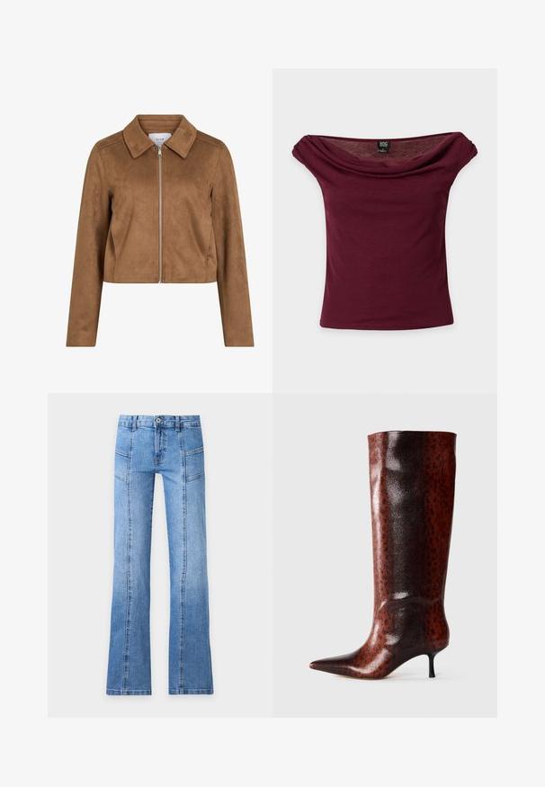 Brun cropped jakke i ruskind med lange ærmer, lynlåslukning foran og bred krave, mærket VILA.; Bourgogne off-shoulder top med korte ærmer, draperet halsudskæring og BDG mærke på ensfarvet baggrund.; Lyseblå denimjeans med højt talje, frontknap, lynlås, sømdetaljer og let udvidede ben på en ensfarvet baggrund.; Brune faux læder knæhøje støvler med spids tå, der har et struktureret leopardmønster og en slank, sort kittenhæl.