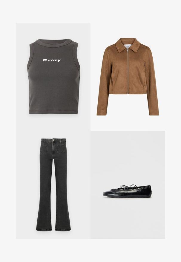 Veste courte en daim marron avec manches longues, fermeture éclair à l'avant et large col, étiquetée VILA.; Top court à col rond en ribbed gris, sans manches. Présente le logo "roxy" en blanc à l'avant.; Jean en denim noir taille haute avec une légère évasement, bouton et fermeture éclair à l'avant, et poches plaquées à l'avant.; Bottine plate noire à bout pointu avec un laçage à l'avant et des œillets le long des bords, présentée sur un fond blanc.