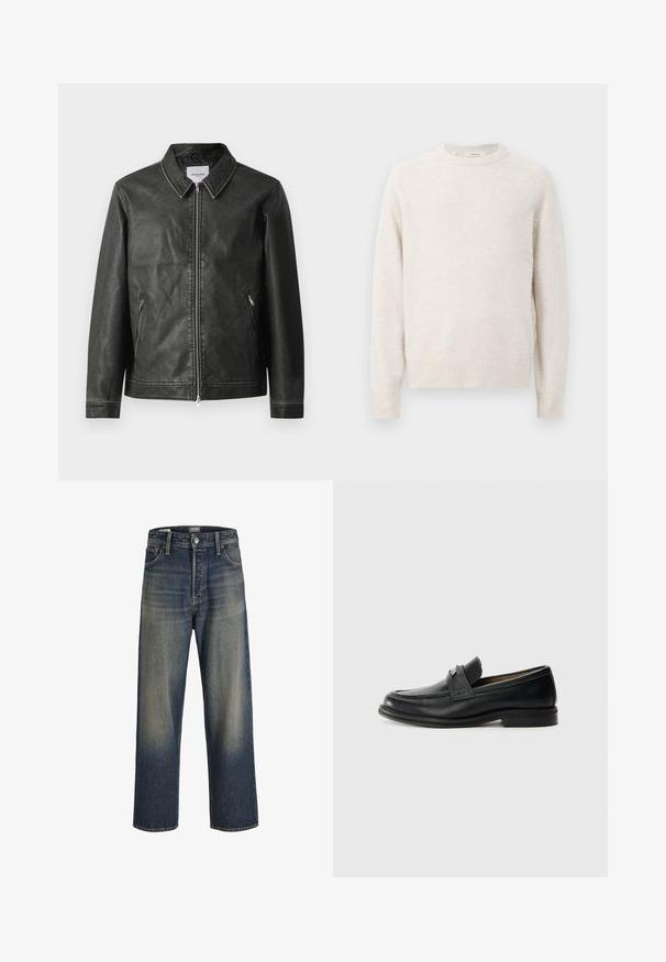 Zwarte leren motorjack met een gladde textuur, drukknoopkraag, volledige voorkant met rits en twee zijzakken. Bevat minimale stikdetails.; Crème kleurige sweater met een ronde halslijn, geribbelde manchetten en zoom. Zachte textuur met een eenvoudig, strak ontwerp en raglan mouwen.; Wijde jeans in donkerblauwe denim met een gradientafwerking, voorzien van een knoopsluiting, vijf zakken en gestructureerde stikdetails.; Zwarte lederen instappers met een gladde afwerking, voorzien van een gestructureerde bovenband, lage hak en minimale stiksel-details.