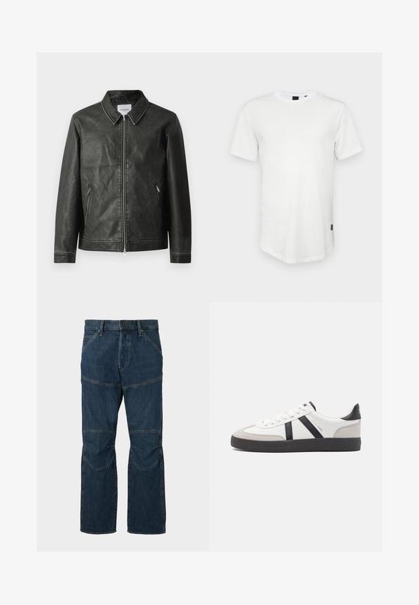 Schwarze Lederjacke mit glatter Textur, Druckknopfkragen, durchgehendem Reißverschluss und zwei seitlichen Taschen. Verfügt über minimale Nahtdetails.; Weißes T-Shirt mit kurzen Ärmeln aus Baumwolle, mit Rundhalsausschnitt und einem leicht verlängerten Rückenteil, sowie einem kleinen Logo-Akzent an der Seite.; Dunkelblaue Jeans aus Denim mit verstärkten Knien, frontalem Knopf- und Reißverschluss sowie Vordertaschen auf einem schlichten Hintergrund.; Weiße Sneaker mit schwarz- und grau-aczenten, ausgestattet mit einer strukturierten grauen Zehenkappe, schwarzer Gummi-Sohle und flachen weißen Schnürsenkeln. Sauberes Design, minimalistische Stil.