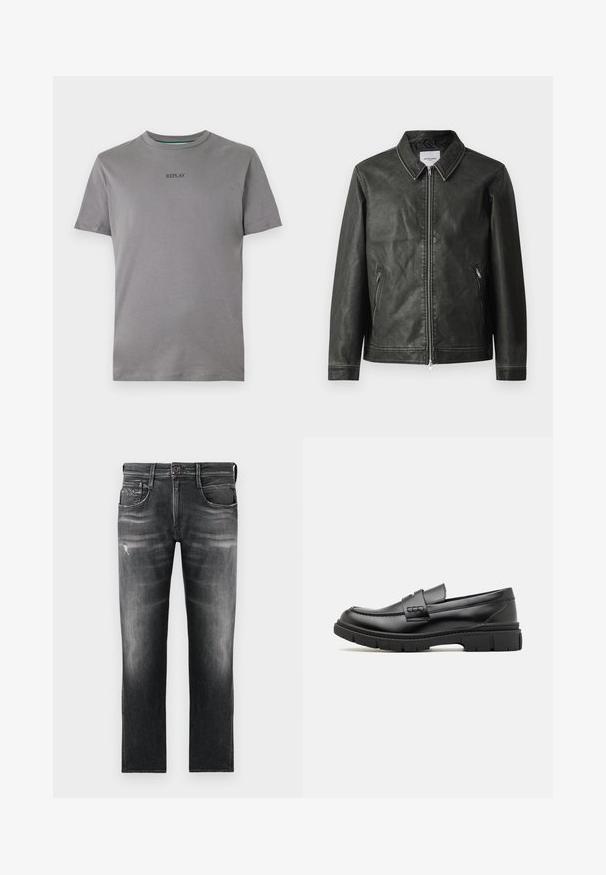 Chaqueta de cuero negra con una textura suave, cuello a presión, cremallera delantera completa y dos bolsillos laterales. Presenta detalles de costura mínimos.; Camiseta de color gris claro hecha de algodón, con mangas cortas y cuello redondo. "REPLAY" está bordado en negro en el pecho.; Jeans de mezclilla negra con corte recto, que presentan un sutil desgaste, detalles de arrugas y un ligero deterioro cerca de la rodilla.; Mocasin de cuero negro con una cinta ancha en el empeine, suela de goma con tacos gruesos y textura suave. Diseño clásico y elegante.