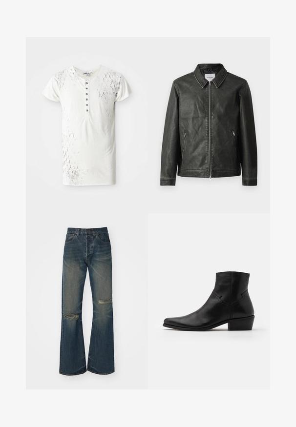 Veste en cuir noir avec une texture lisse, col à pression, fermeture éclair frontale complète et deux poches latérales. Présente des détails de coutures minimaux.; T-shirt blanc à manches courtes avec un motif texturé de cuir de serpent et une patte de boutonnage comportant des boutons gris foncé le long du centre.; Jean en denim bleu évasé avec accents décolorés et déchirures au niveau des genoux. Présente une taille haute et un design à cinq poches, terminé par une fermeture à bouton.; Bottine en cuir noir à bout pointu, avec des détails de couture minimalistes, un talon carré de hauteur intermédiaire et une finition lisse et brillante.