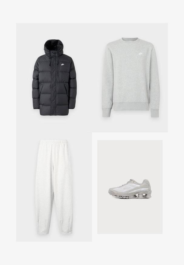 Schwarze Pufferjacke mit Kapuze, mit Reißverschluss vorne, elastischen Bündchen, Seitentaschen und einem kleinen Logo auf der Brust. Strukturierte, gesteppte Optik.; Grauer Sweatshirt aus weichem Fleece-Material, mit gerippten Bündchen und Saum sowie einem kleinen weißen Nike-Logo auf der Brust.; Hellgraue Sweatpants aus weichem Stoff, mit einem elastischen Bund, schmal zulaufenden Beinen und Fußbündchen. Einfaches Design ohne Muster.; Hellgrauer und weißer Sportschuh mit sichtbarer federartiger Dämpfung in der Sohle und einem Obermaterial aus Mesh-Gewebe.