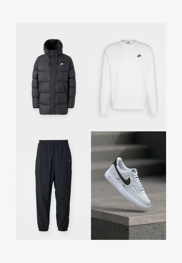 Sort pufferjakke med hætte, med lynlås foran, elastiske manchetter, sidelommer og et lille logo på brystet. Struktureret, quiltet design.; Hvid sweatshirt lavet af bomuld med lange ærmer, rund halsudskæring og sort Nike-logo på venstre bryst. Blød tekstur med ribbede manchetter.; Sorte cargo-bukser lavet af letvægtsmateriale, der har en elastisk talje, sidelommer og en afslappet pasform med elastiske manchetter.; Hvid Nike Air Force 1 sneaker med sort swoosh-logo, svævende over en betonforkant med slørede trapper i baggrunden.