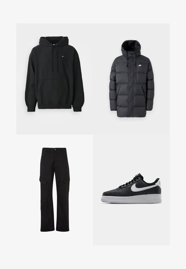 Schwarze Pufferjacke mit Kapuze, mit Reißverschluss vorne, elastischen Bündchen, Seitentaschen und einem kleinen Logo auf der Brust. Strukturierte, gesteppte Optik.; Schwarzer Nike Hoodie mit frontale Taschen, Kordelzugkapuze, gerippten Bündchen und kleinem weißen Nike Swoosh-Logo auf der Brust.; Schwarze Baumwoll-Cargo-Hosen mit geradem Bein, ausgestattet mit mehreren Seitentaschen und einem Knopfverschluss auf der Taille.; Schwarze Ledersneaker mit strukturierten Oberflächen, weißem Nike-Swoosh, grauer Sohle, runder Zehenpartie und Schnürdesign. Verfügt über Perforationen an der Zehenbox.