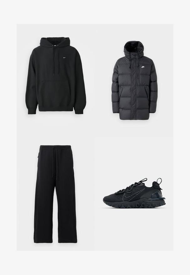 Mustat puffatakki hupulla, jossa on vetoketjullinen etuosa, elastiset hihansuut, sivutaskut ja pieni logo rinnassa. Teksturoitu, tikattu muotoilu.; Musta Nike huppari, jossa on edessä tasku, naruhuppu, ribbireunat käsivarsissa ja pieni valkoinen Nike-swoosh-logo rinnassa.; Mustat collegehousut, jotka on valmistettu pehmeästä kankaasta. Niissä on nauhavyötärö, leveät lahkeet ja sivutaskut, joissa on sileä pinta.; Mustat urheilukengät, joissa on hengittävä verkkomateriaali, kuvioidut yksityiskohdat ja aallokkomuotoinen kumipohja. Varustettu heijastavalla logolla ja nauhajalustalla.