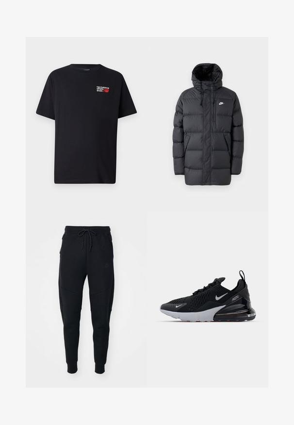 Sort pufferjakke med hætte, med lynlås foran, elastiske manchetter, sidelommer og et lille logo på brystet. Struktureret, quiltet design.; Sort bomulds T-shirt med rund halsudskæring. Har et lille rødt og hvidt "New Balance" logo og tekst på den øverste venstre brystområde.; Sorte joggere lavet af blødt stof, med snoretræk i taljen, smalle ben og sidelommer med et elegant design.; Sort atletiksko med mesh-overdel, hvid sål og synlig luftdæmpning i hælen. Slank design med diskrete sølvdetaljer.