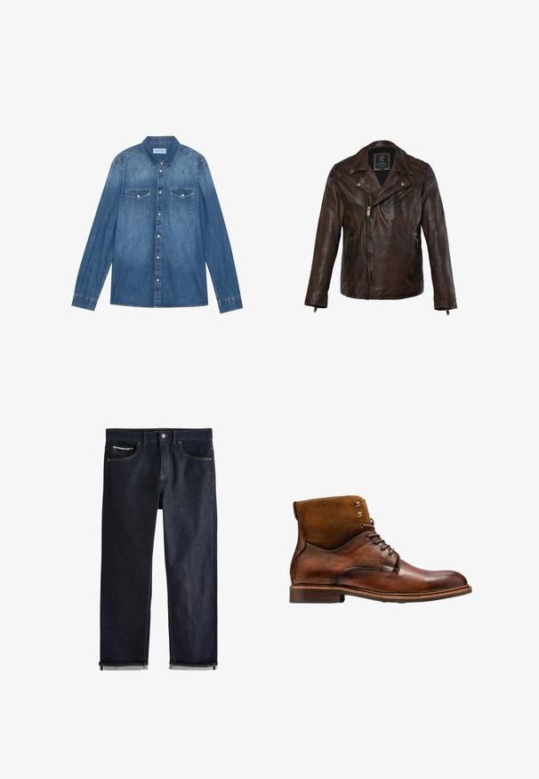 Mørkebrun læder bikerjakke med asymmetrisk forlynlås, lynlåslommer og detaljer med trykknapper på kraven.; Mørkeblå denimskjorte med lange ærmer, klassisk krave, knaplukning fortil, to brystlommer og kontrasterende stiklinger på sømmene.; Mørkeblå denimjeans med opsmøgede manchetter, knap- og lynlåslukning, for- og møntlommer samt kontrastsyning på hvid baggrund.; Kazar ALID - Snørestøvletter - brown