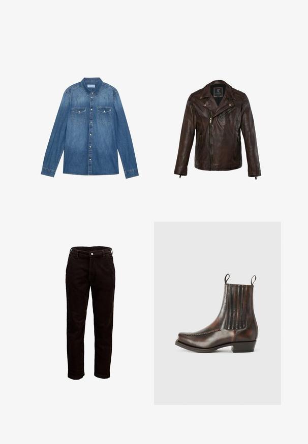 Mørkebrun læder bikerjakke med asymmetrisk forlynlås, lynlåslommer og detaljer med trykknapper på kraven.; Mørkeblå denimskjorte med lange ærmer, klassisk krave, knaplukning fortil, to brystlommer og kontrasterende stiklinger på sømmene.; Herre sorte kordfløjlsbukser med bæltestropper, forreste knap og sidelommer, vist mod en hvid baggrund.; Brun læder ankelstøvle med en glat overflade, elastiske sidepaneler, en rund tå, dekorativ syning og en lav blokhæl.