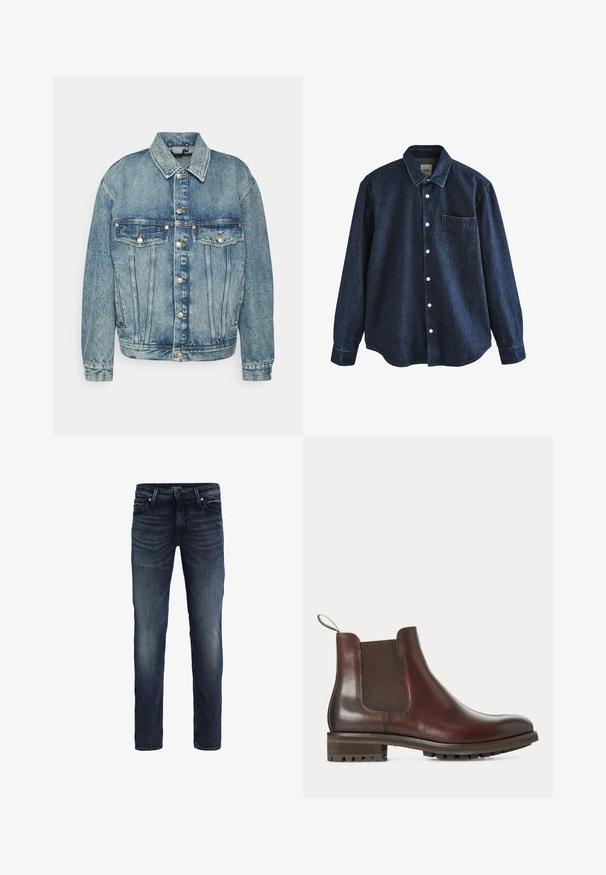 DRYKORN MAJID - Cowboyjakker - blue; Mørkeblå denim skjorte med lange ærmer, knapper foran, krave og en enkelt brystlomme, vist mod hvid baggrund.; Jack & Jones Regular fit JJICLARK JJVINTAGE CB 058 - Jeans Straight Leg - blue denim; Brun læder Chelsea-støvle med elastisk sidepanel, træksløjfe ved hælen og chunky gummisål med slidbaner.