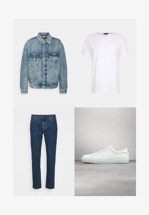 DRYKORN MAJID - Cowboyjakker - blue; Hvid bomulds t-shirt med rund halsudskæring, korte ærmer og lige snit. Har en enkel, glat overflade uden yderligere mønstre.; Tiger of Sweden PISTOLERO - Jeans Straight Leg - medium blue; Hvide lædersneakers med en glat finish, rund tå, flade snørebånd og et minimalistisk design. Lys grå gummisål med branding på siden.