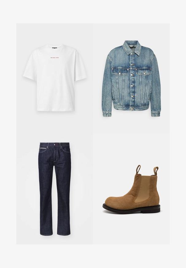 DRYKORN MAJID - Cowboyjakker - blue; Hvid kortærmet t-shirt med rund hals og lille rød "MICHAEL KORS" tekst centreret på brystet.; Mørkeblå denim jeans med lige pasform, diskrete kontrastsyninger, fem lommer og knappelukning i taljen.; Suedes brown Chelsea-støvler med elastiske sidestykker, afrundet tå, hæltræk og en sort gummisål. Glat tekstur og minimalistisk design.