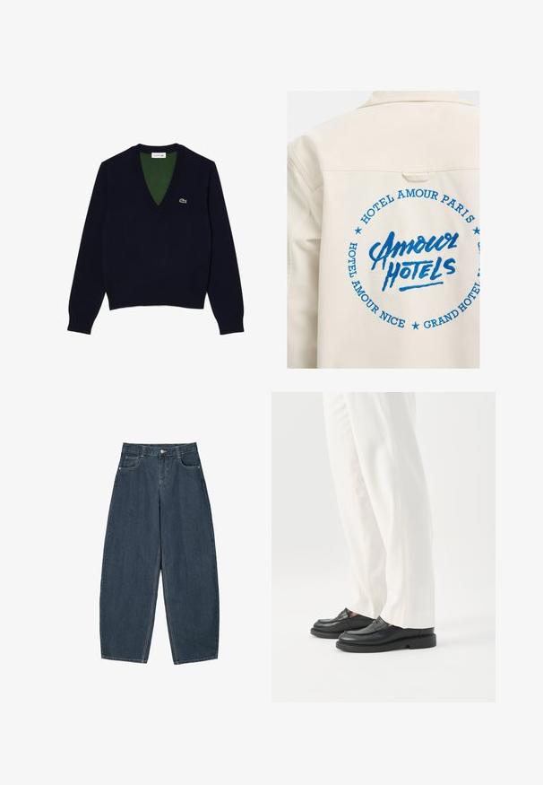 Veste écrue avec texte brodé bleu au centre indiquant « Amour Hotels » et entouré des inscriptions « Hotel Amour Paris », « Hotel Amour Nice » et « Grand Hotel ».; Pull en V bleu marine en tissu doux, avec un col et des poignets côtelés, un intérieur vert contrastant et un petit logo sur la poitrine.; Jeans en denim bleu foncé à jambes larges avec une taille haute, dotés de cinq poches et de détails de couture visibles. Design épuré et minimal.; Personne portant un pantalon blanc sur mesure et des mocassins en cuir noirs, debout sur un fond blanc.