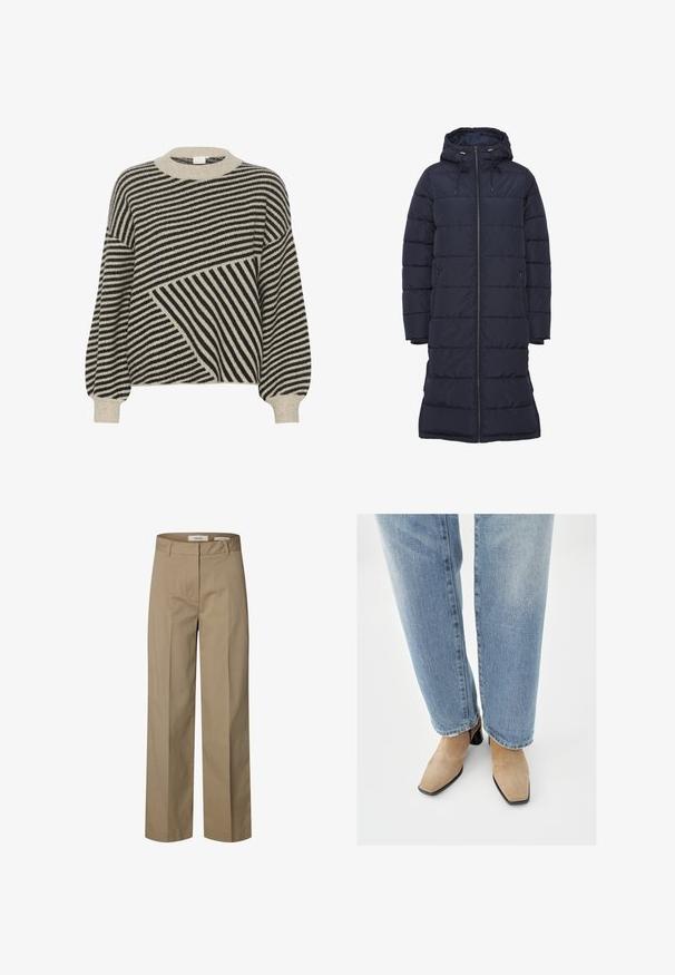 Marineblå lang pufferjakke med hætte, der har vandrette quiltede sektioner, lynlås foran og sidelommer med lynlås. Glat stoftekstur.; Sort og cremestribet sweater med rund hals og ballonærmer. Har varierede stribevinkler og blød strikstruktur.; Beige bukser med lige ben, bæltestropper, detalje med forreste søm og skjult lukning foran.; Beige ruskindsankelstøvler med spids tå og lav sort blokhæl, båret med lyseblå bukser med lige ben.