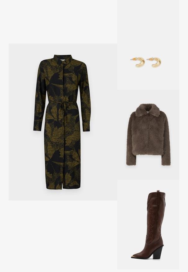Bruine nep-bont cropped jas met een zachte, gestructureerde afwerking, voorzien van een kraag en lange mouwen, ontworpen met een moderne silhouet.; JDY JDYLIZA SHIRT DRESS - Blousejurk - winter moss; RAID RIMSKY - Laarzen met hoge hak - brown; Gouden halvmaanvormige oorbellen met een gladde afwerking, voorzien van oranje accenten bij de stekker en zilveren hardware.
