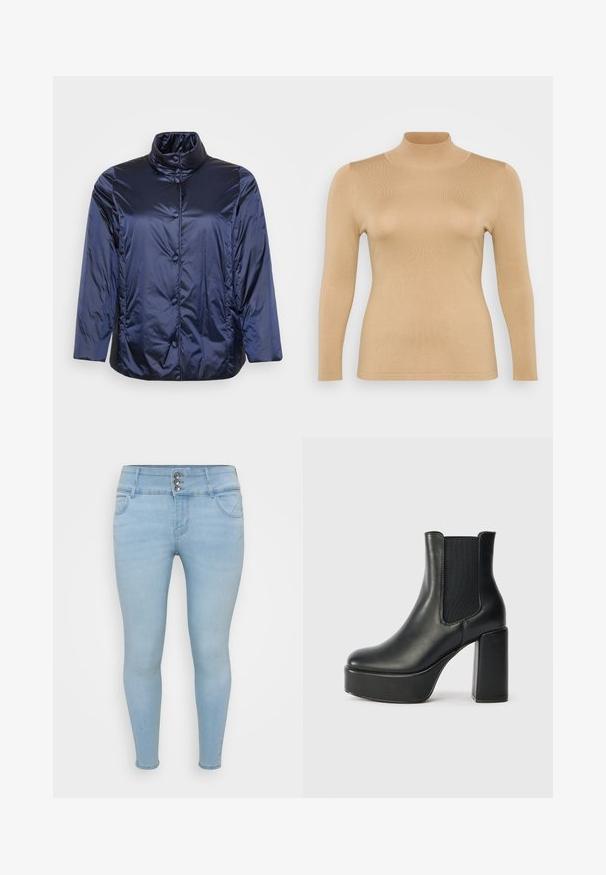 Tume sinine läikiv puffer-jakk, millel on püsti krae ja nööbiga sulgemine, pikad varrukad ning veidi avaram lõige.; Beež turtleneck top, millel on pikad varrukad, ribakujundus, selge stiil ja kõrge krae. Sujuv materjal ilma nähtavate kaunistusteta.; Heledsinised kitsad teksad, mis on valmistatud denimist. Omavad kolme nupuga sulgemist, kahte eesmist taskut ja sujuvat tekstuuri.; Mustmust musta nahkasaabas tugeva plokknatagusega, elastsete külgpaneelidega ja sileda tekstuuriga. Omab platvormi, et lisada kõrgust.