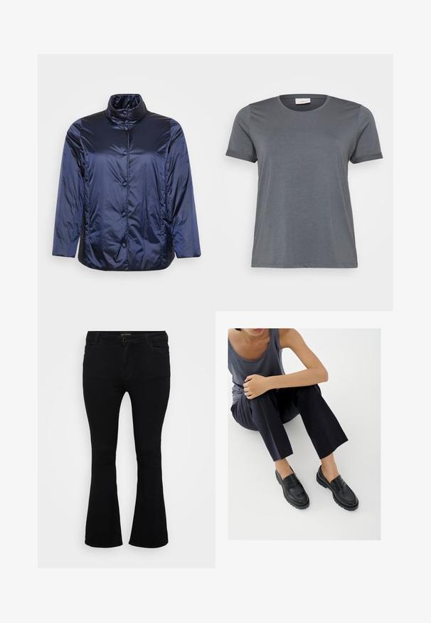 Chaqueta de plumas brillante de color azul oscuro con cuello elevado y cierre de botones a presión, mangas largas y un ajuste ligeramente holgado.; Camiseta gris de manga corta hecha de una tela suave, con un clásico escote redondo y mangas enrolladas. Textura lisa sin patrones visibles.; Pantalones vaqueros de corte acampanado en negro, fabricados en denim, con cierre de botón, cinco bolsillos y una textura suave. Diseño clásico con dobladillo acampanado.; Mocasines de cuero negro con detalles texturizados, tacón bajo, puntera redonda y costuras visibles. Modelo vistiendo pantalones oscuros y una blusa gris.