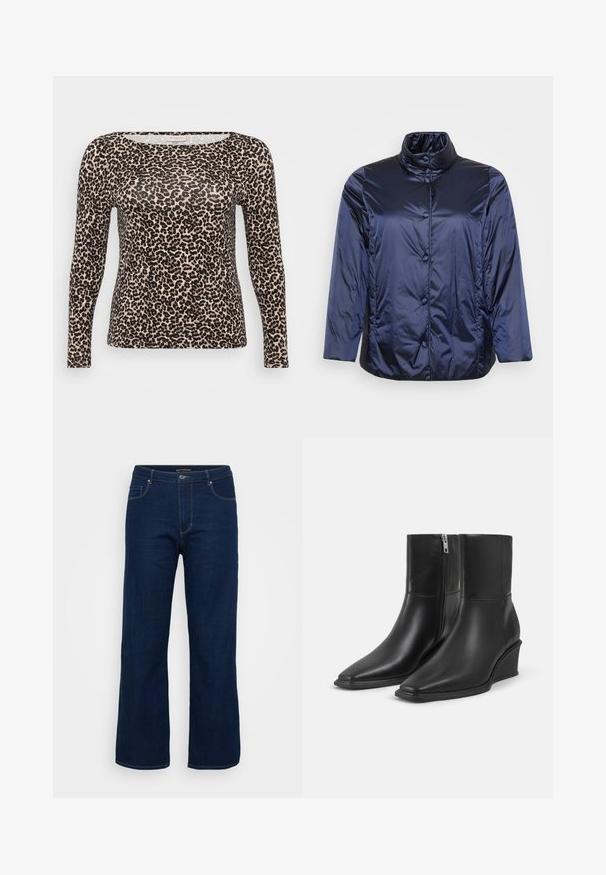 Mørkeblå skinnende puffjakke med ståkrave og trykknaplukning, lange ærmer og en let løs pasform.; Langærmet top i let stof med en beige bundfarve og sort leopardprintmønster samt en bred, rund halsudskæring.; Mørkeblå denim jeans med lige pasform, der har en lynlås, fem lommer og synlige syninger.; Par sorte læderankelstøvler med spidse tæer, kilehæle og sidelukkede lynlåse på en ensartet lys baggrund.