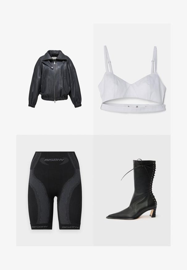 Veste bomber en cuir noir avec un col montant, fermeture éclair et poignets élastiques. Elle est dotée de poches latérales et d'une silhouette structurée et surdimensionnée.; Soutien-gorge court gris clair avec bretelles ajustables, un corsage structuré et une fermeture à pression à la base pour un maintien sécurisé.; Shorts de sport noirs avec une coupe ajustée, un tissu texturé, des rayures verticales grises et le logo "MISBHV" au bas.; Bottine noire en cuir avec bout pointu, talon fin, détail à lacets à l'arrière et œillets métalliques. Texture lisse avec un design élégant.