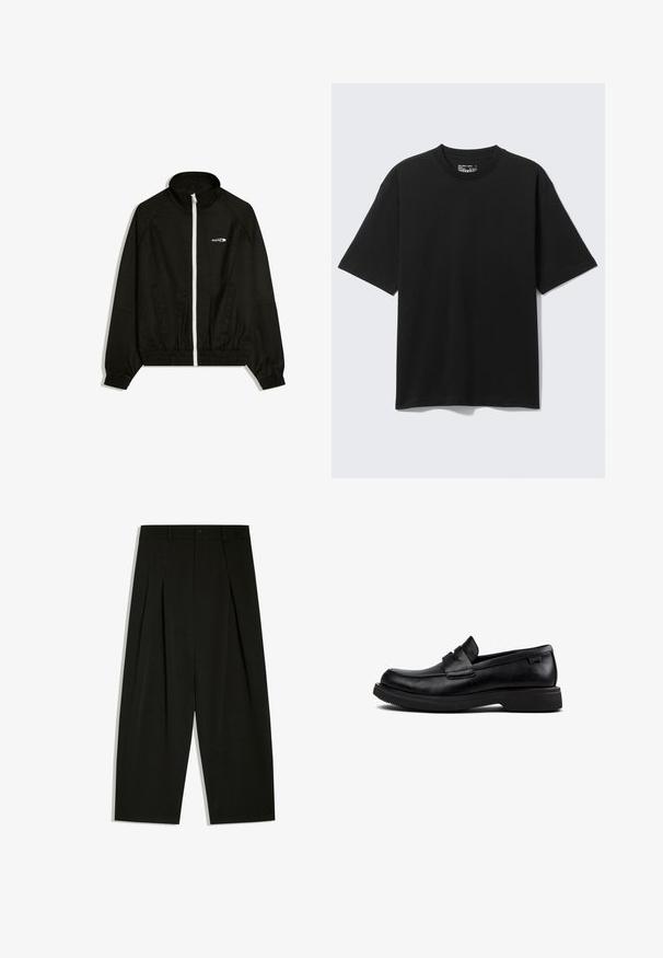 Veste noire zippée avec poignets et ourlet élastiques, col montant, poches latérales, et petit logo blanc « SHAPES » sur le côté gauche de la poitrine.; T-shirt noir en coton à manches courtes et coupe décontractée, col rond, présenté sur un fond clair uni.; Pantalon noir à jambes larges avec plis, passants pour ceinture et fermeture par bouton à la taille.; Mocassins noirs en cuir à enfiler avec un bout arrondi, semelle basse et une bande décorative sur le dessus.