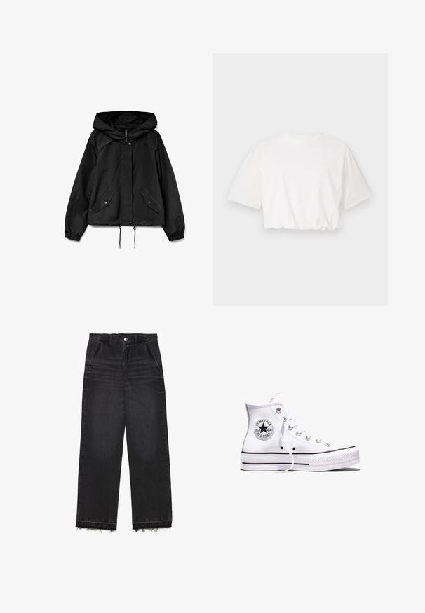 Zwarte jas met capuchon, voorrits, drukknopen, twee schuine klepzakken, elastische manchetten en verstelbare trekkoordzoom.; Witte cropped t-shirt met korte pofmouwen, ronde halslijn en geplooide onderrand, gemaakt van zachte katoenstof.; Zwarte denim trousers met een rechte pijp. Kenmerkt zich door een hoge taille, een rafelige zoom en een subtiele vervaagde textuur. Voorzien van zijzakken.; Witte Converse Chuck Taylor All Star sneaker met hoge schacht, zwarte strepen en logo-patch aan de zijkant, weergegeven tegen een effen witte achtergrond.